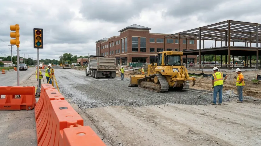 Granite base course under commercial road construction