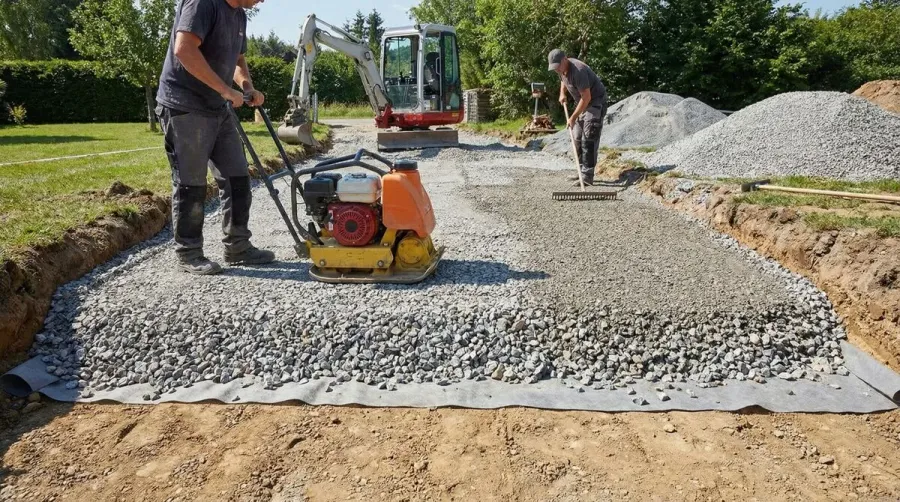 Step-by-step installation process showing gravel being spread and compacted on prepared driveway