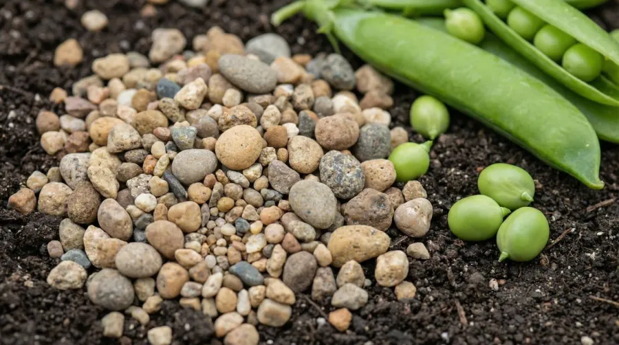 Close-up comparison of pea gravel sizes next to actual peas