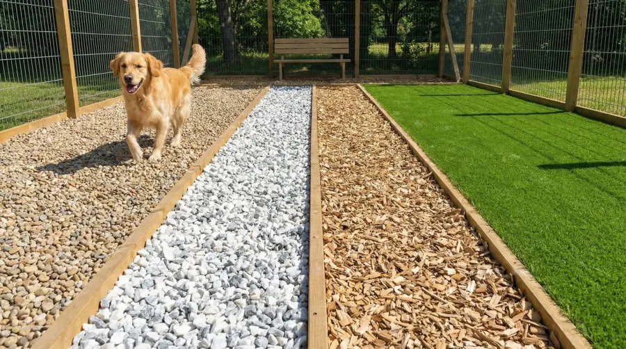 Different dog run ground cover surfaces displayed side by side