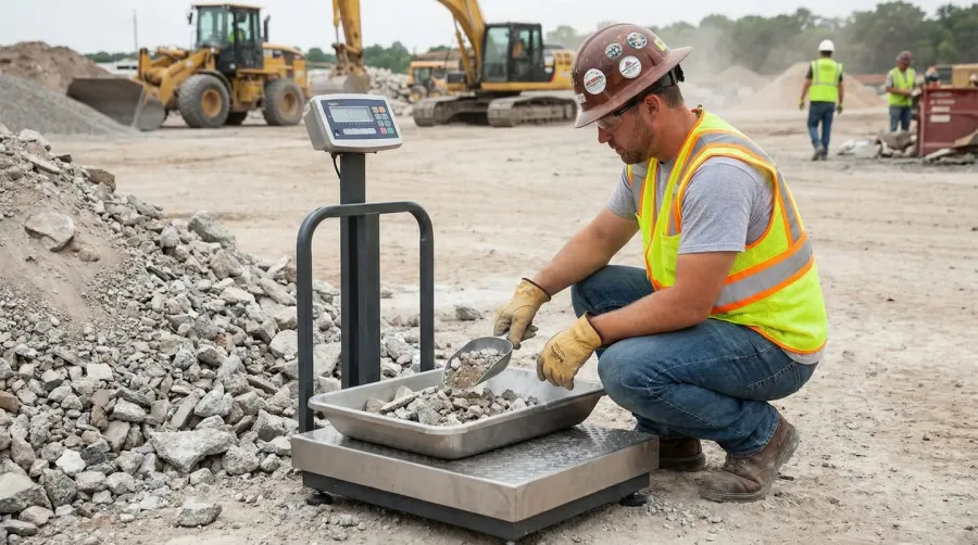 Construction worker measuring crushed concrete with scale