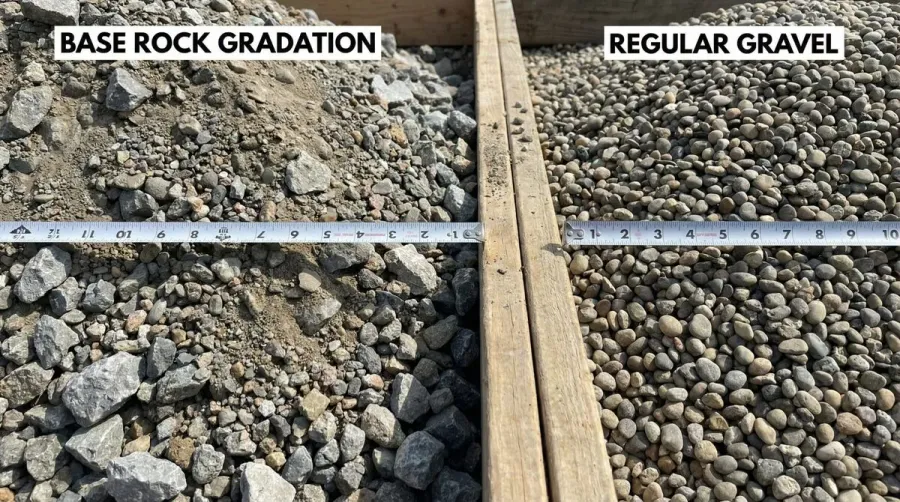 Close-up comparison showing base rock gradation versus regular gravel highlighting the different particle sizes