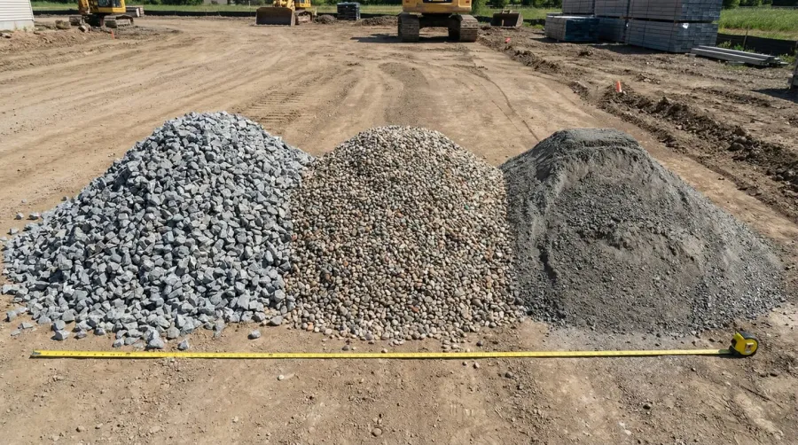 Various types of gravel materials laid out for comparison showing recycled asphalt, crusher run, and pea gravel