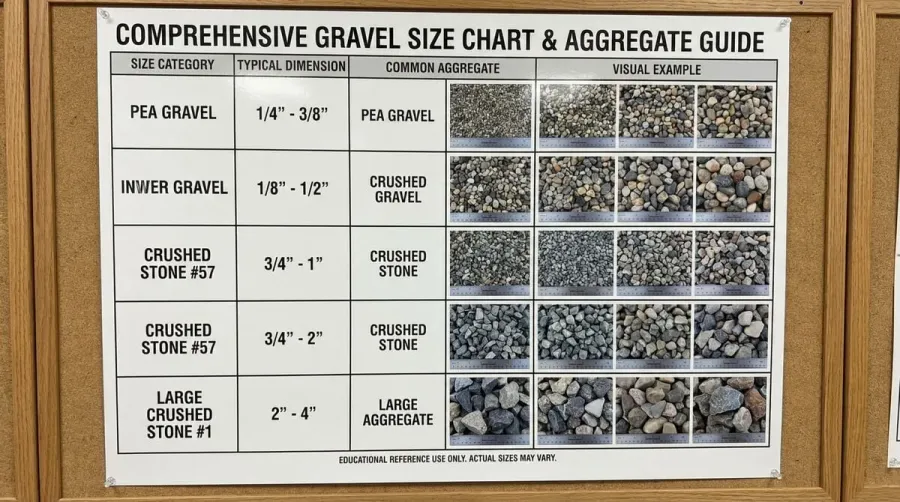 Comprehensive gravel size chart showing different aggregate sizes from pea gravel to large crushed stone