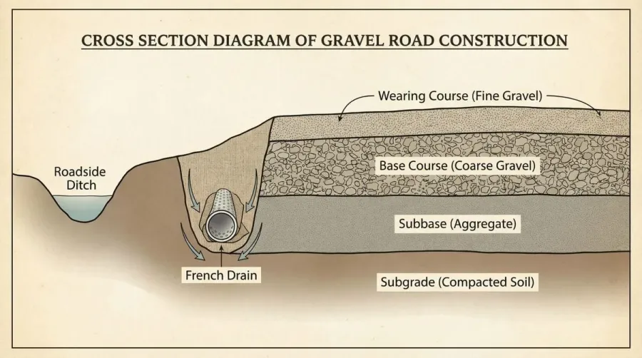Cross Section Diagram Showing Gravel Road Layers And Drainage