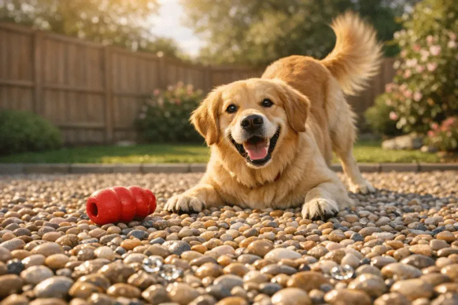 Dog playing in a pea gravel play area