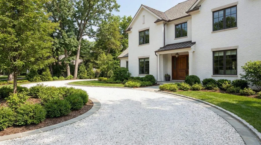 Dolomite gravel driveway with white house background