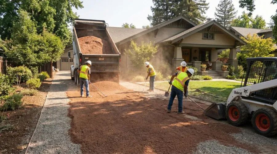 Decomposed granite being delivered and spread on driveway