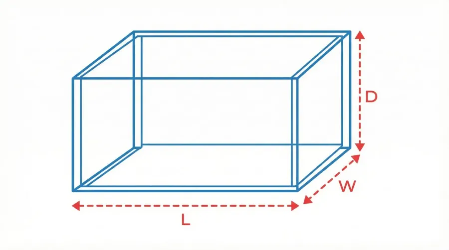 Diagram showing length width depth measurements of rectangular area