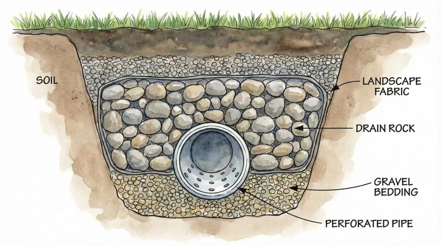 Cross-section diagram showing proper drain rock installation layers with fabric and gravel