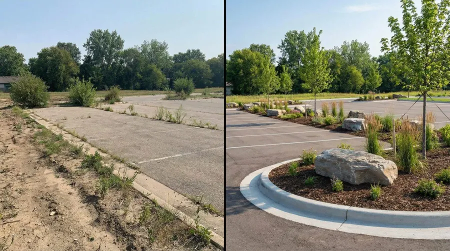 Before and after parking lot boulder installation