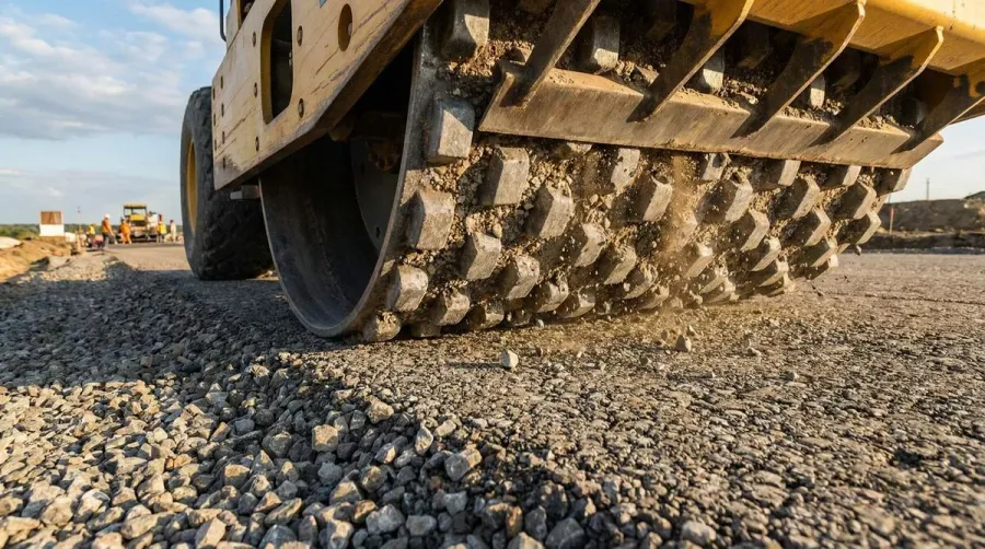 Gravel being compacted into hardened surface