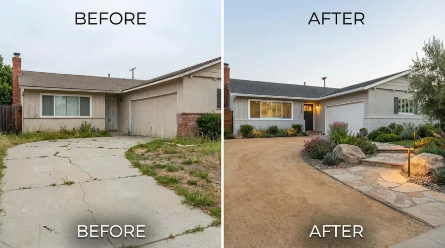 Before and after driveway installation showing curb appeal improvement