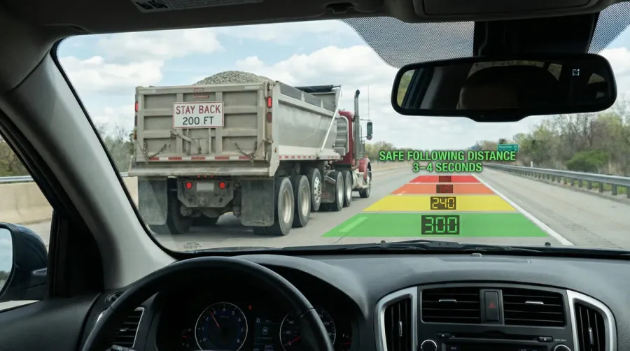dashboard view showing proper following distance behind gravel truck with distance markers