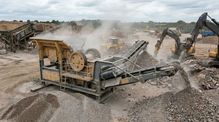 Industrial concrete crushing equipment in operation
