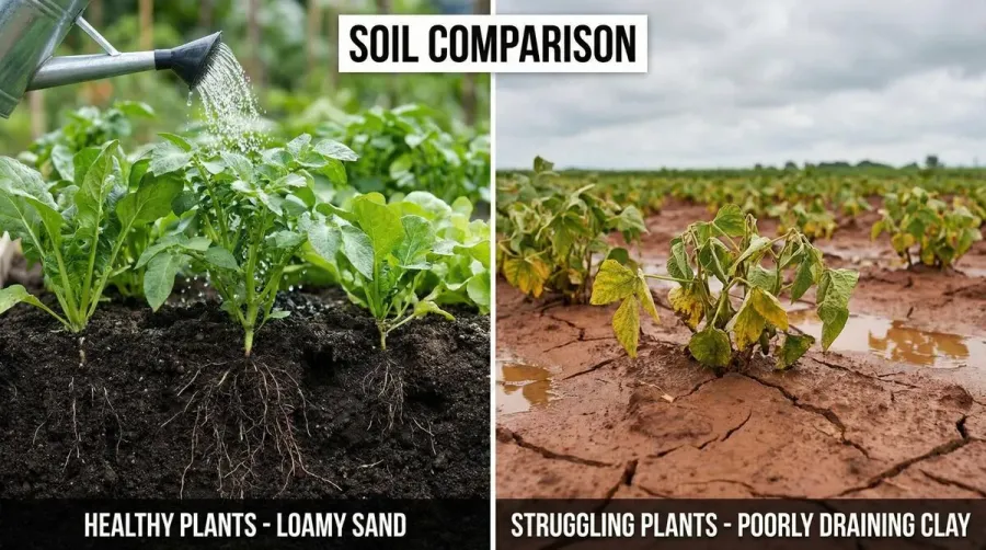 Side-by-side comparison showing healthy plants in loamy sand soil versus struggling plants in poorly draining clay soil