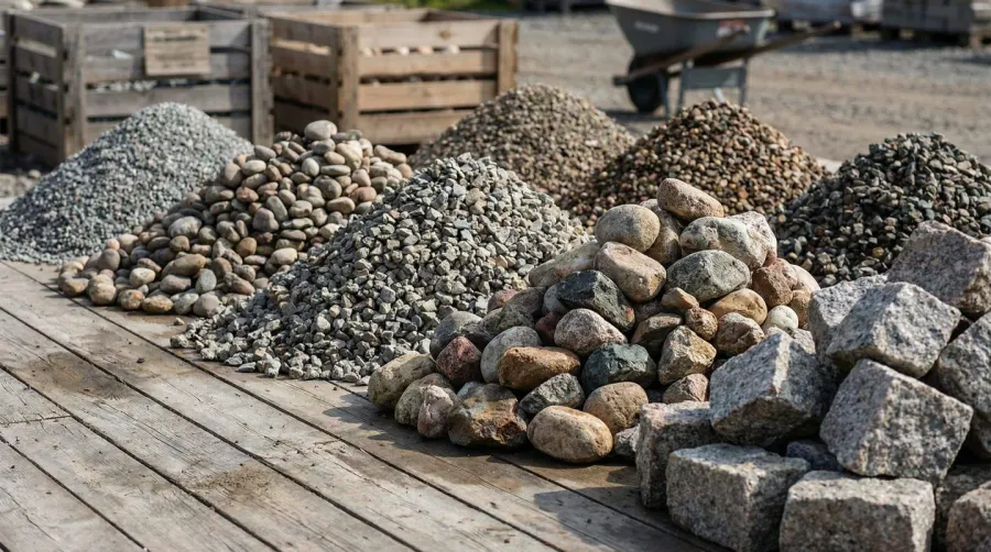 Various gravel grades displayed in organized piles showing different sizes and textures