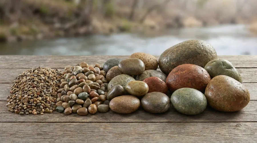 Display of river rocks in different sizes from pea gravel to boulders