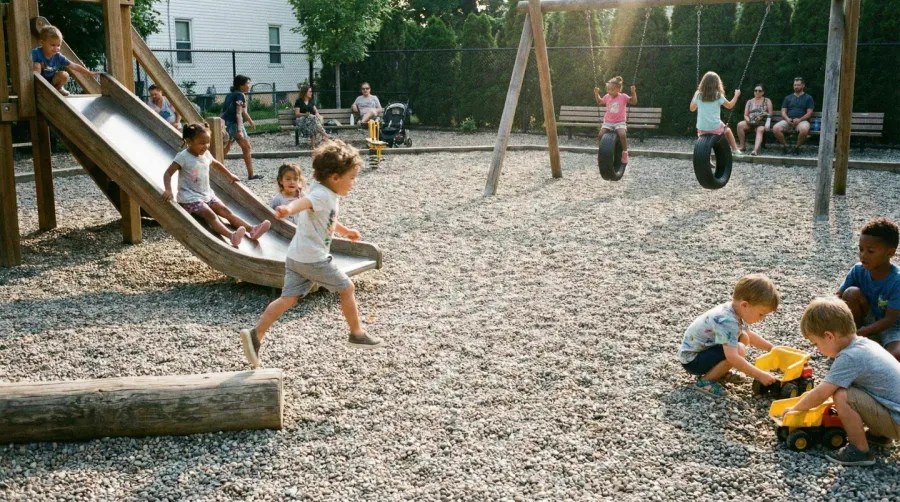 Children playing on pea gravel playground surface