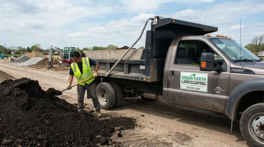 Person loading soil into truck for delivery