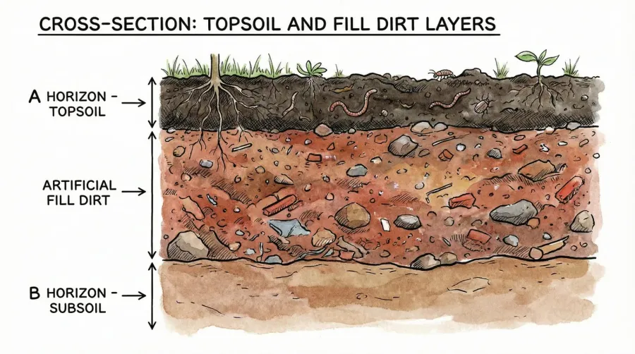 cross-section diagram showing topsoil and fill dirt layers