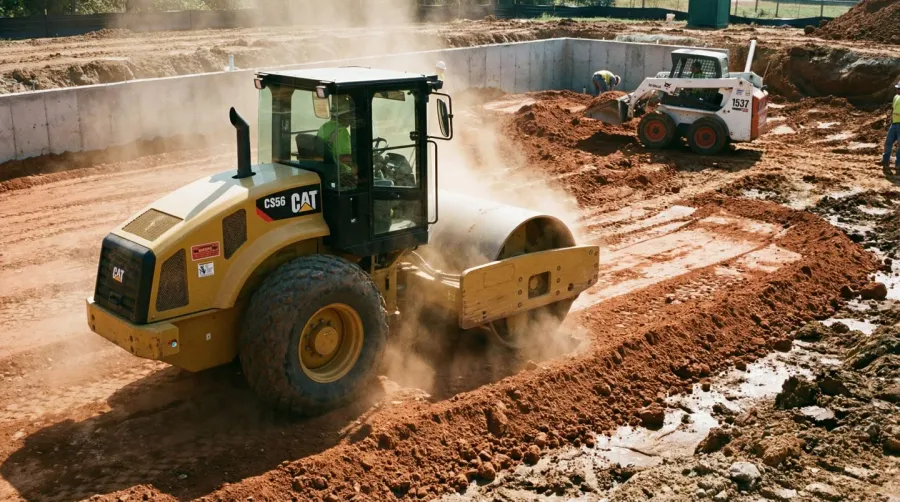 Fill dirt being compacted for foundation base with construction equipment