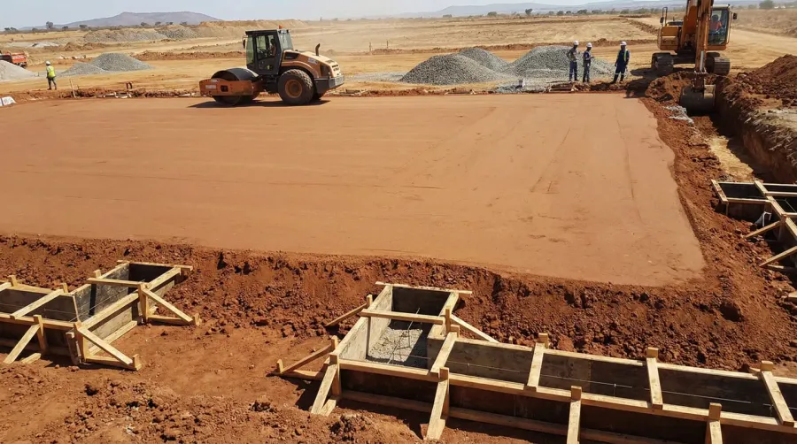 Construction site with properly compacted fill dirt showing stable foundation