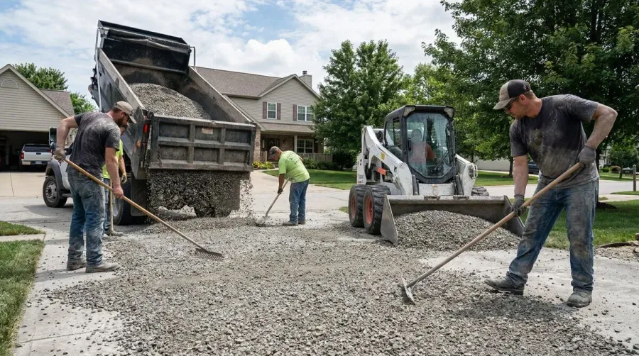 crushed concrete being spread on a driveway with workers using rakes and shovels