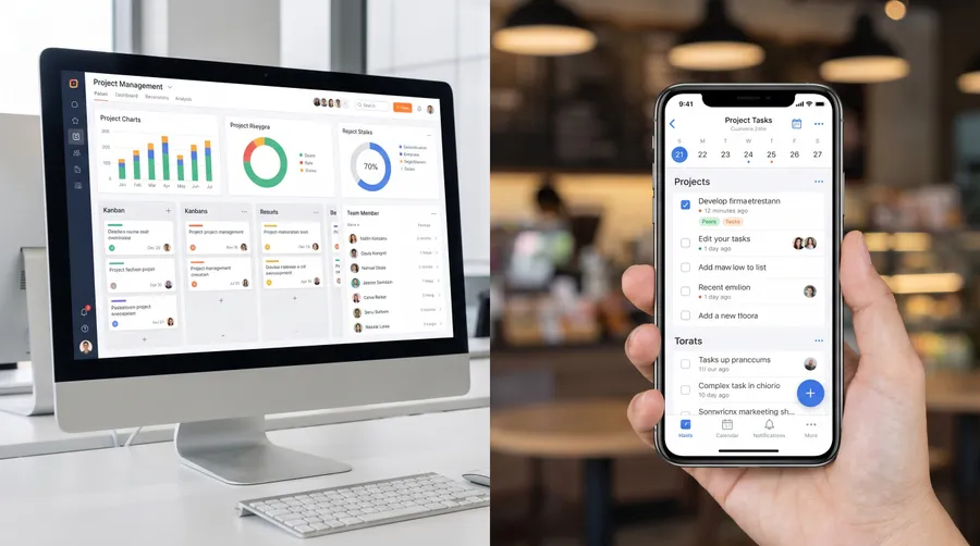 split screen showing project management dashboard and mobile app interface