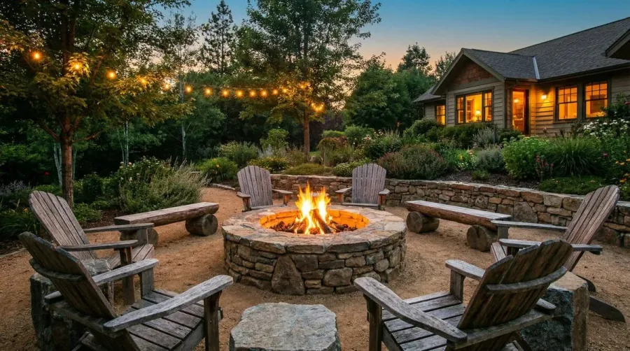 Decomposed granite fire pit area with rustic seating arrangement in outdoor setting