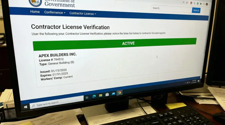 Close-up of computer screen showing active contractor license verification results