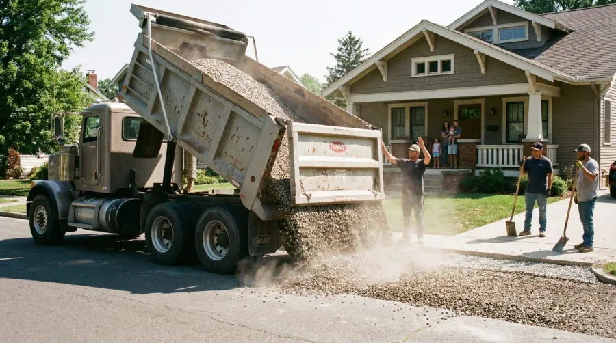 Dump truck delivering gravel to residential property