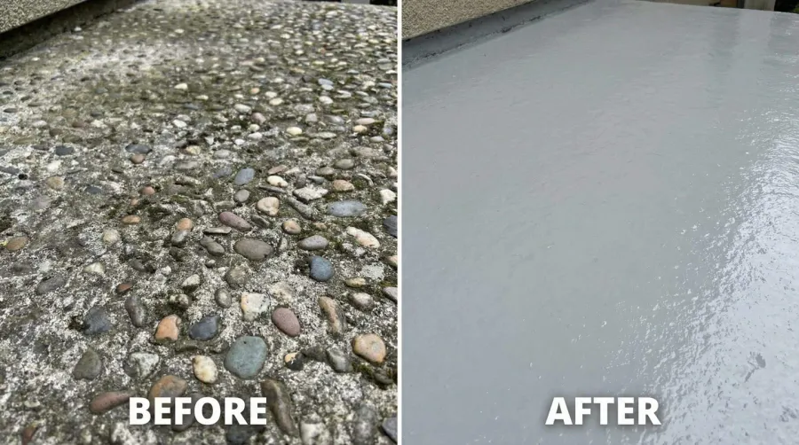 Exposed aggregate concrete before and after painting comparison