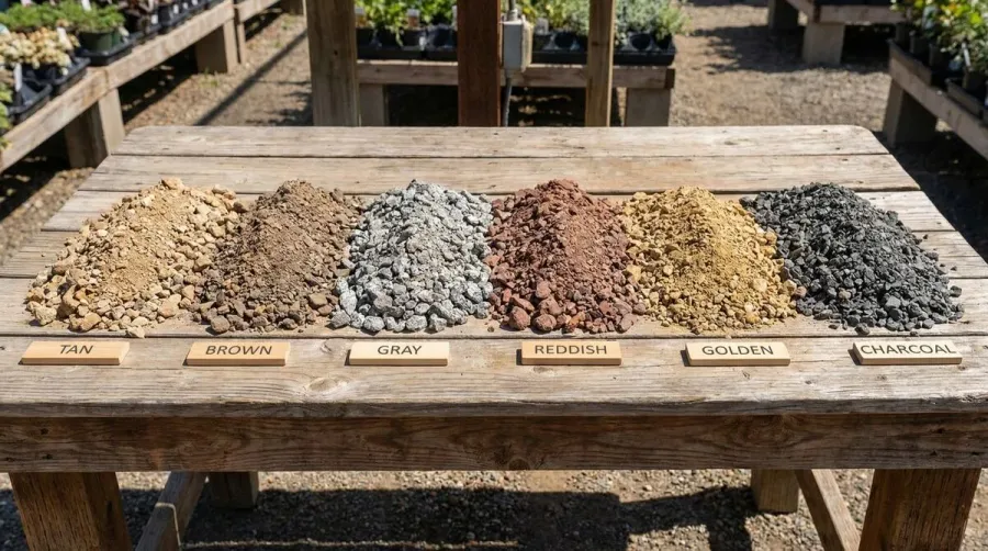 Different colors of decomposed granite samples showing tan, brown, gray and reddish hues in comparison