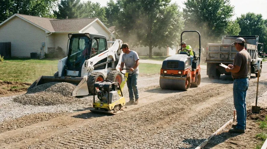 Step-by-step installation photos showing excavation, gravel spreading, and compaction of number 2 gravel driveway