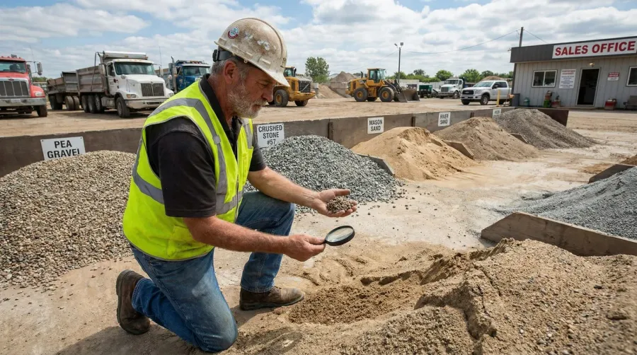 Construction worker examining different types of gravel and sand materials at a supplier yard