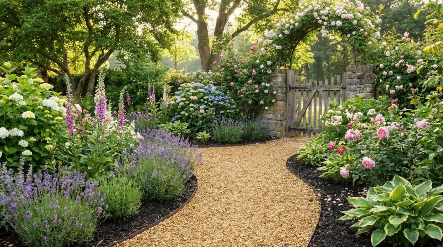 Garden pathway with pea gravel and mulched flower beds