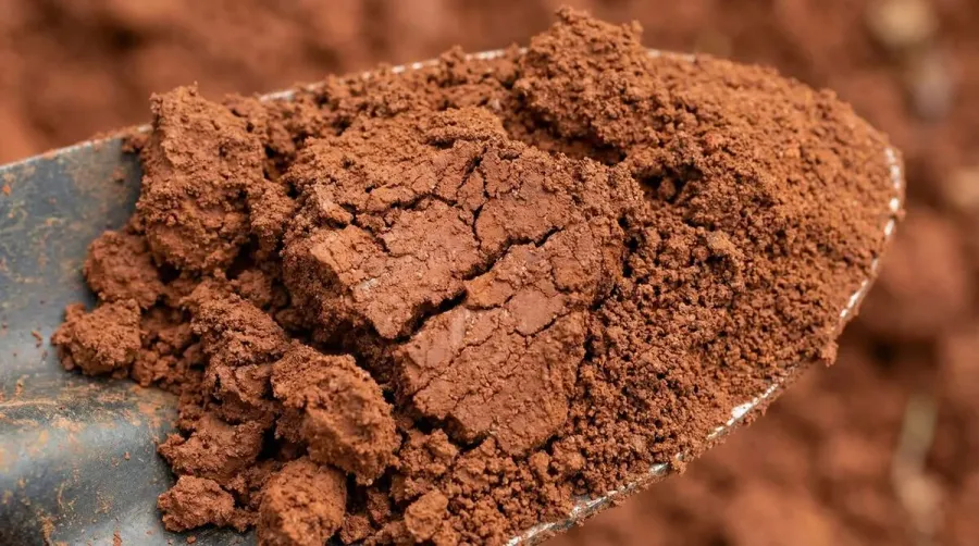 Red clay soil sample showing distinctive reddish color and texture