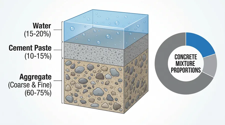 Diagram showing concrete mixture components with aggregate, cement, and water proportions