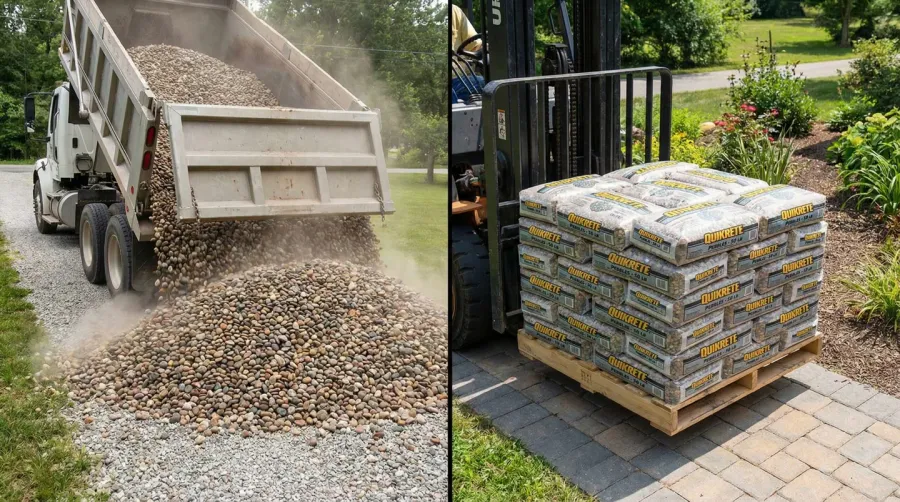 Side-by-side comparison of bulk pebbles being delivered versus stacked bags of pebbles