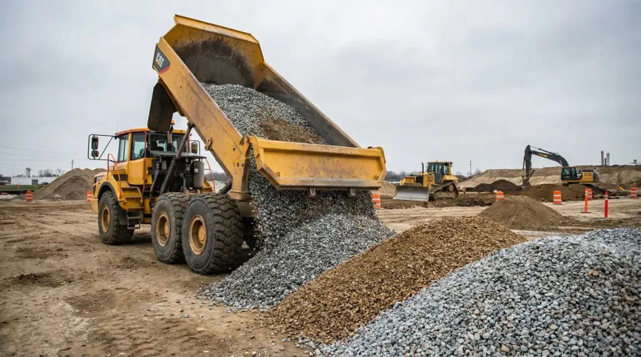 Bulk aggregate materials being delivered to construction site