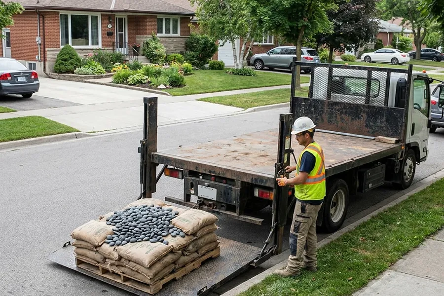 Flatbed lift gate lowering a pallet of bagged Mexican beach pebbles to the curb