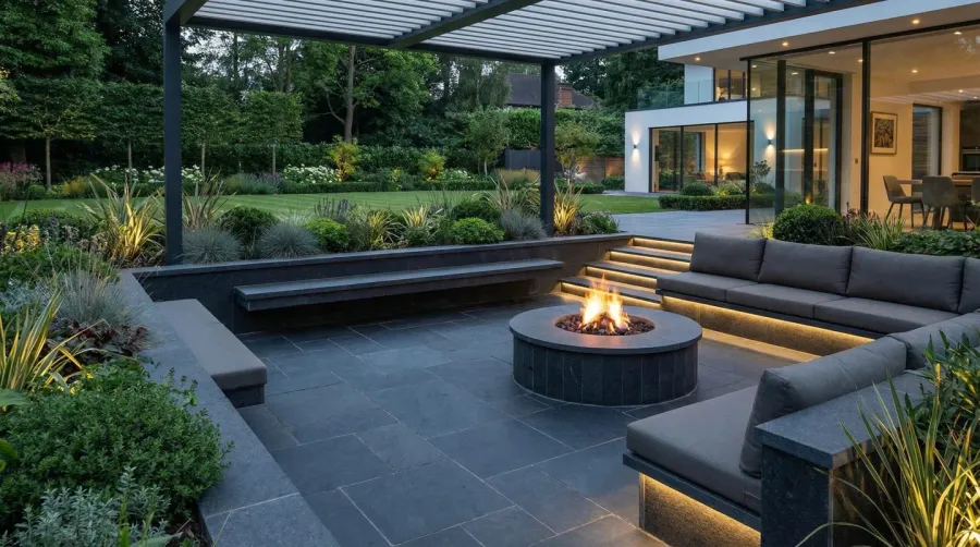 Basalt fire pit patio design with seating area