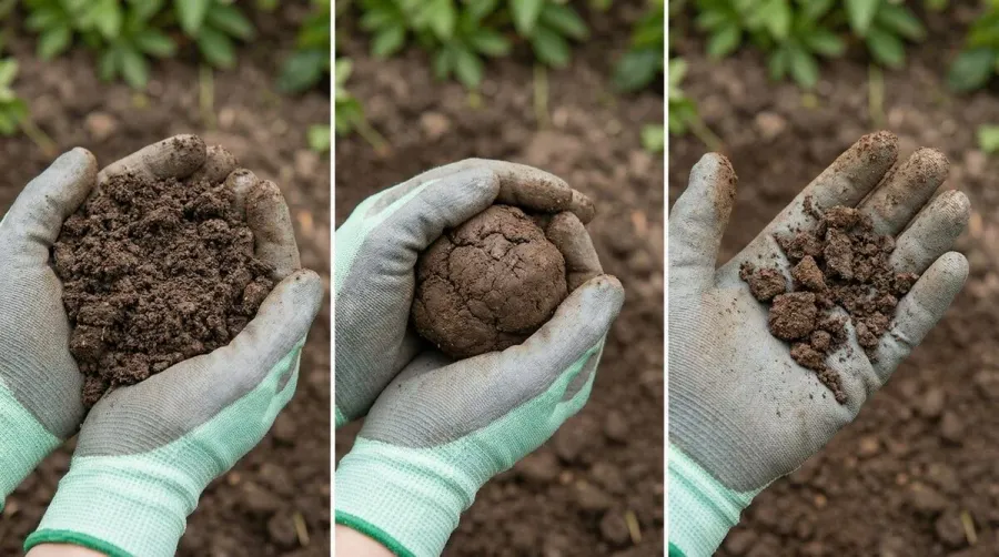 Hands holding moist loamy sand soil showing how it forms a loose ball that crumbles