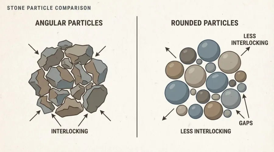 Comparison of angular vs rounded stone particles showing interlocking effect