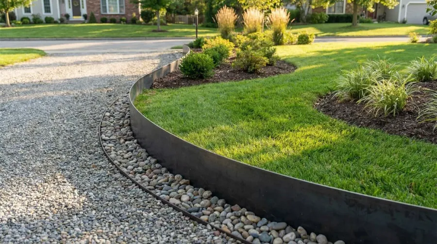 Landscape edging installed between driveway and lawn