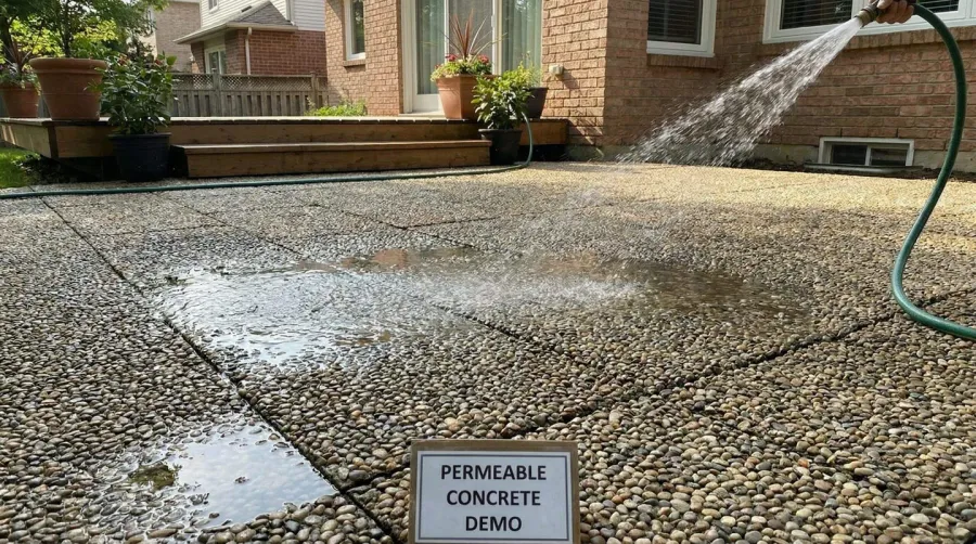 Pea gravel concrete patio showing drainage properties