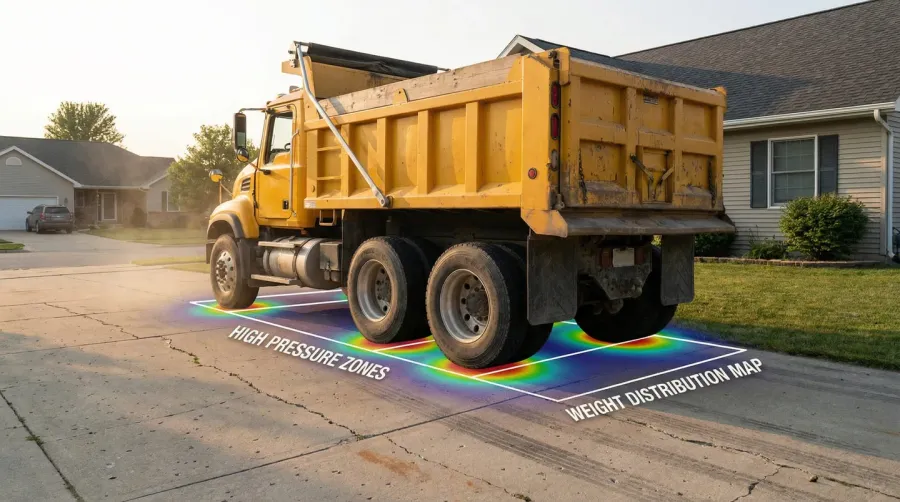 Dump truck on residential driveway showing weight distribution