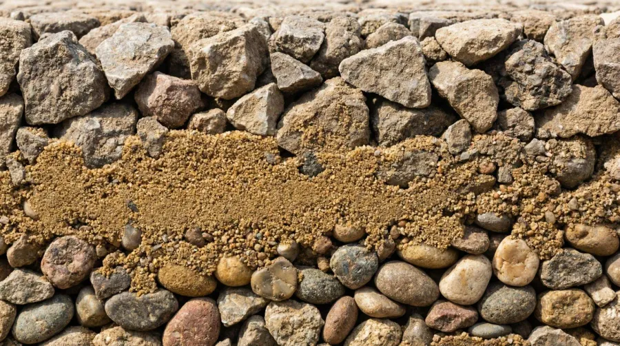 Close-up cross-section showing the three components of DOT gravel - crushed stone, sand, and gravel particles