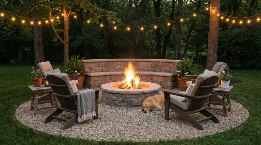 circular gravel patio with fire pit and comfortable seating arranged around it
